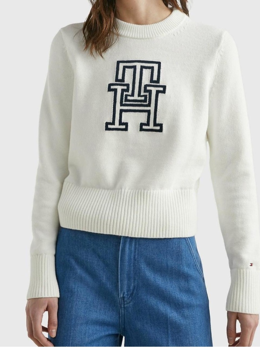 NWOT Tommy Hilfiger White Crewneck Sweater with Navy Logo
